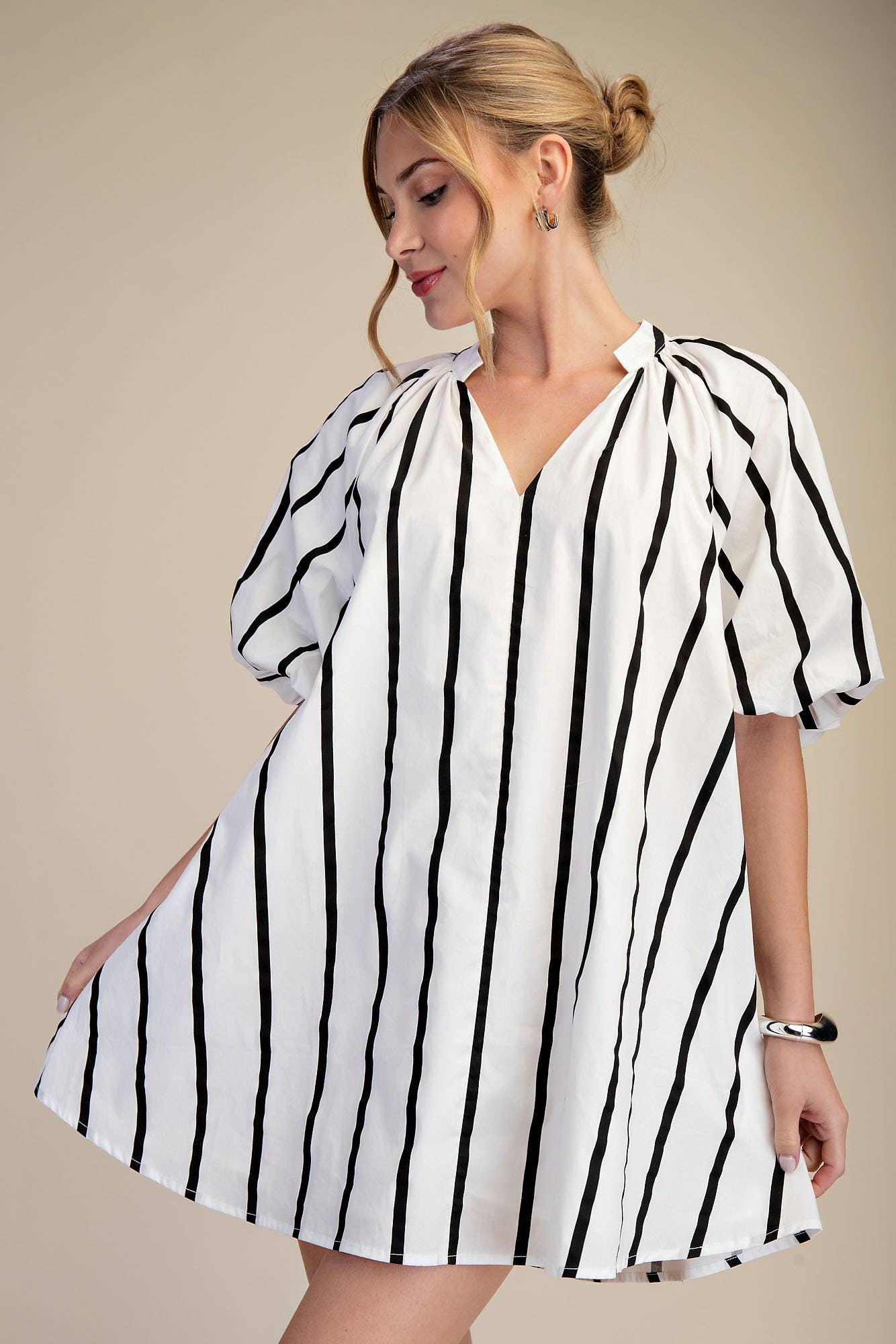 Puff-Sleeve Mini Shift Dress