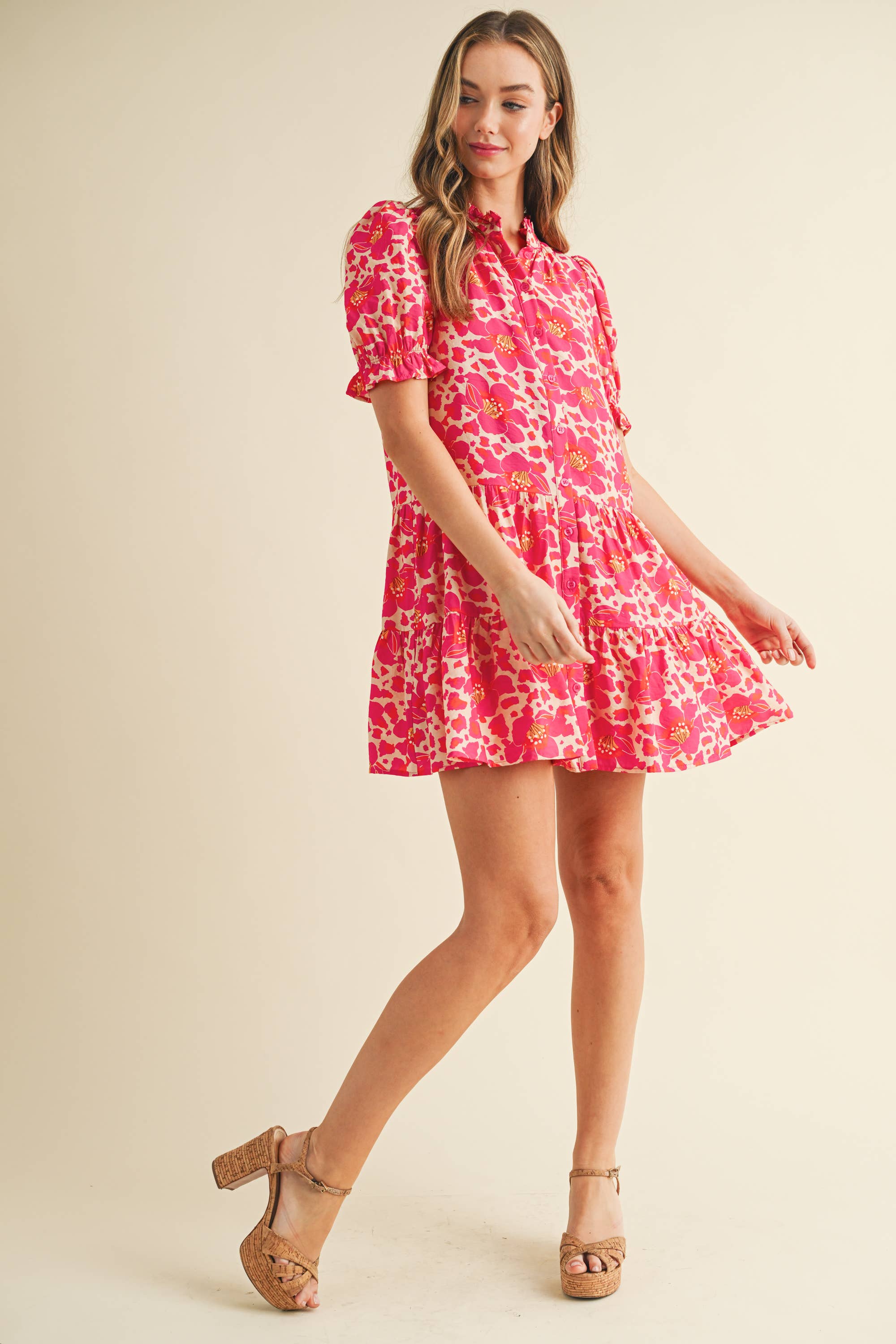 Floral Print Button Down Front Mini Dress