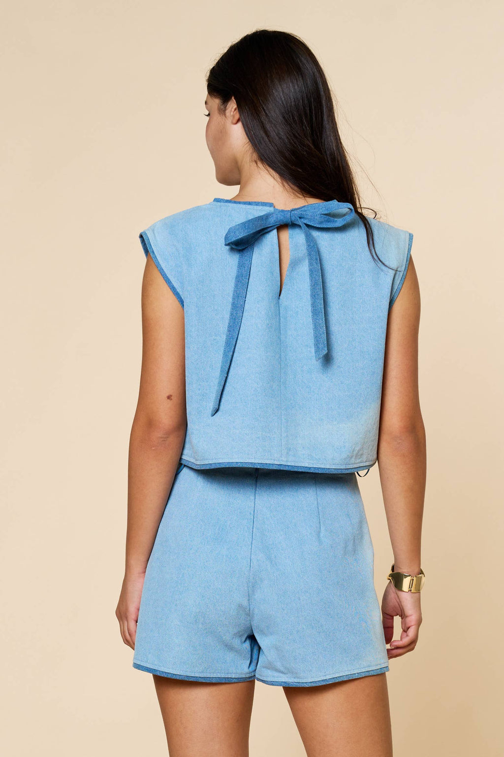Denim Contrast Top with Denim Wrap Skirt
