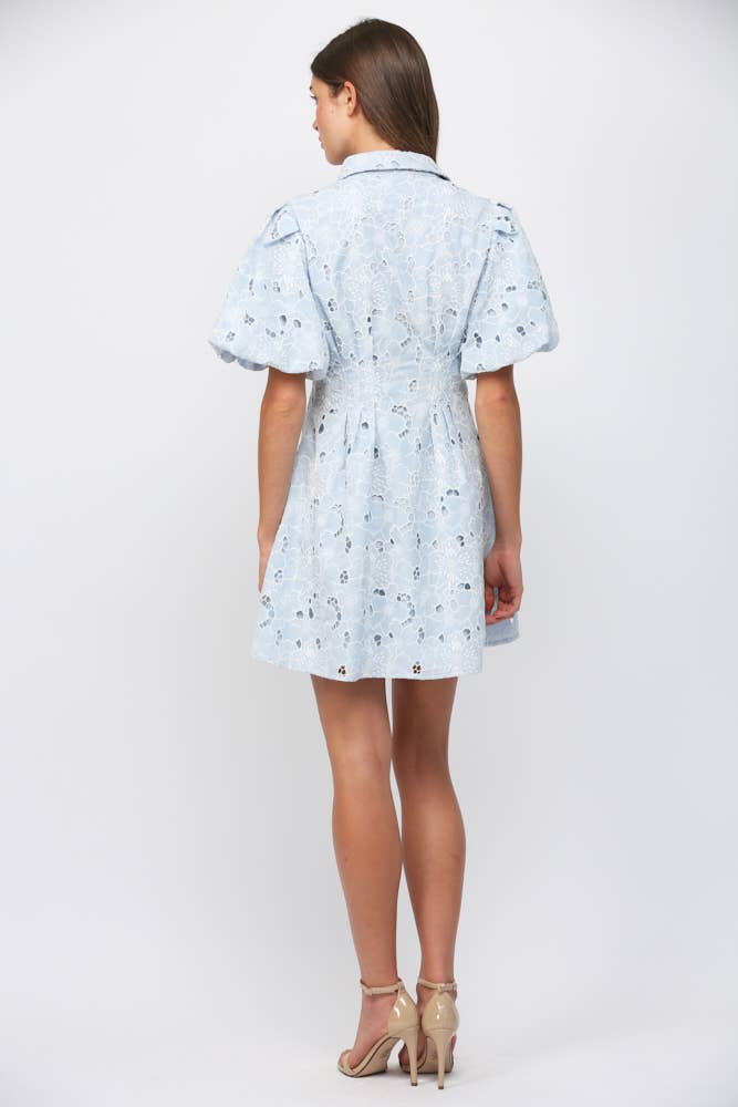 CUT-OUT FLORAL LACE SHORT PUFF SLV BUTTON DOWN DRESS