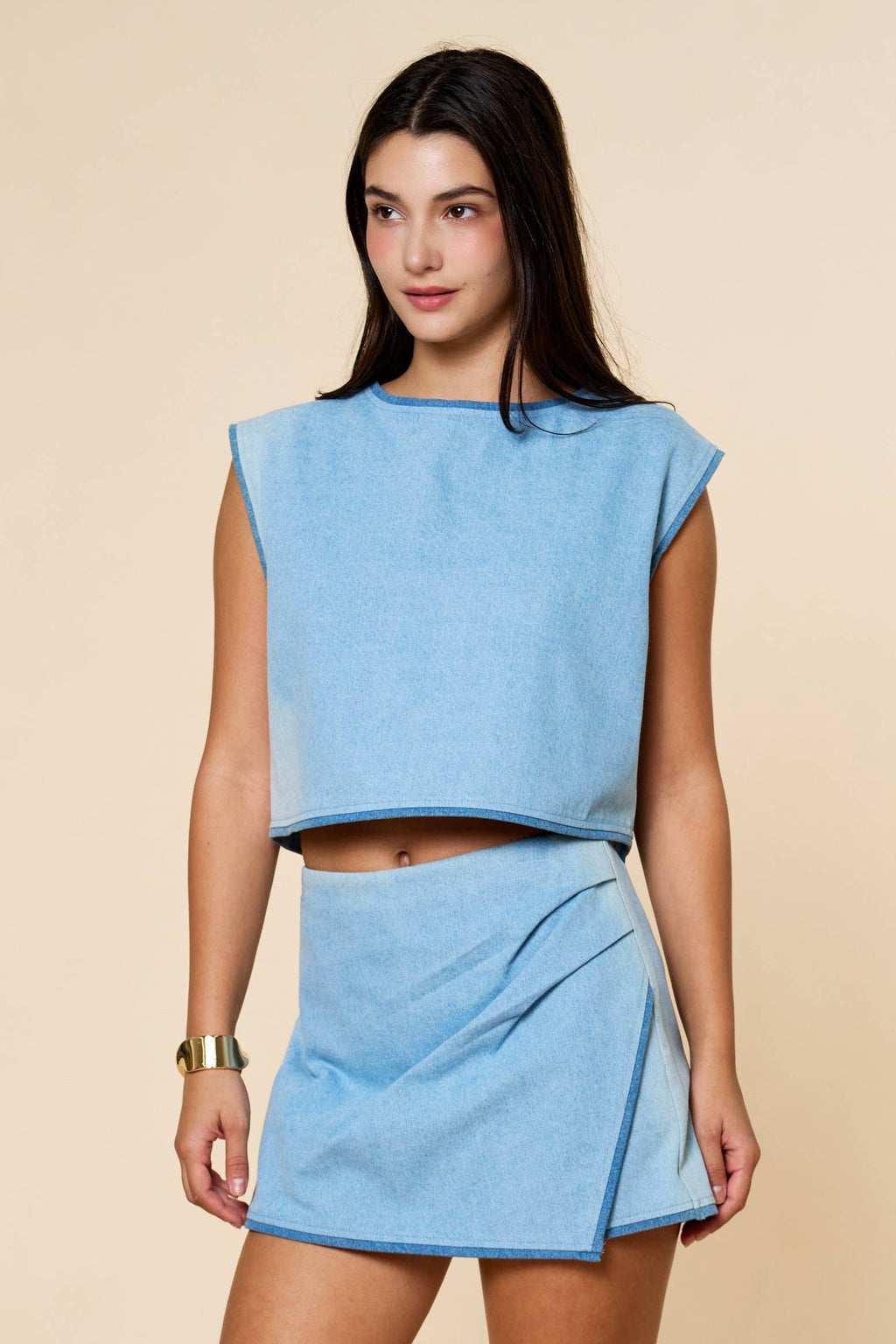 Denim Contrast Top with Denim Wrap Skirt