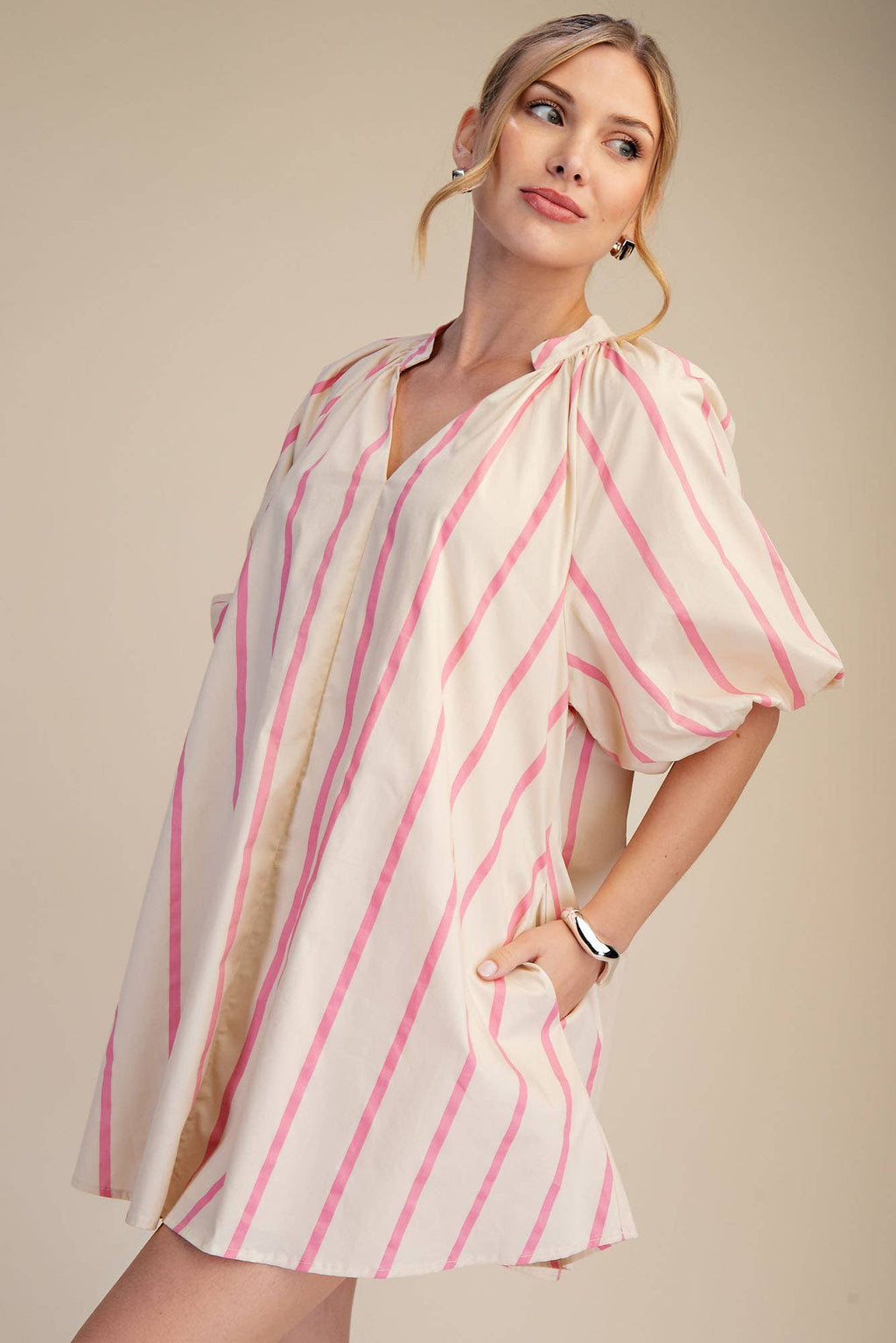 Puff-Sleeve Mini Shift Dress