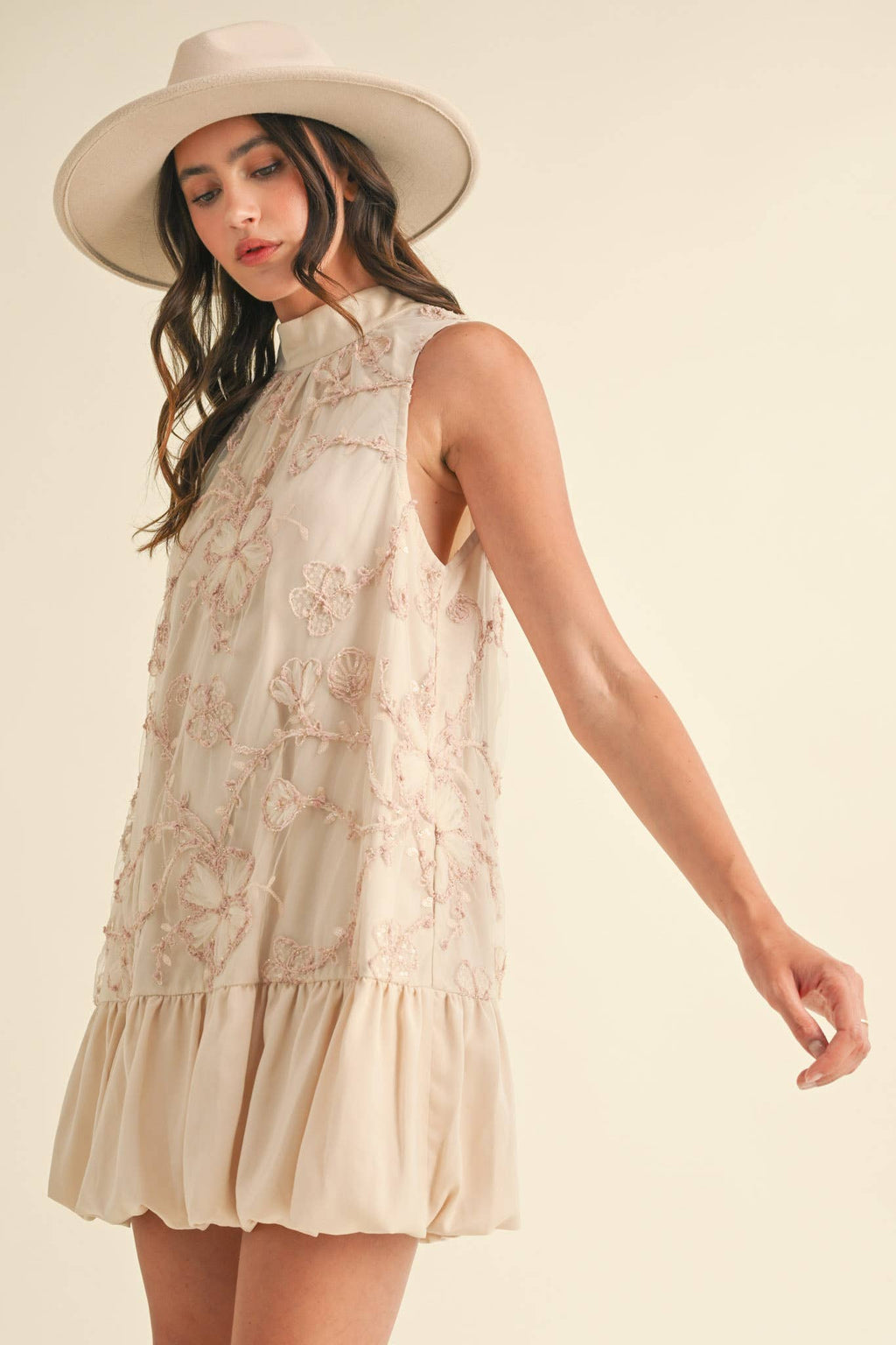 BUBBLE HEM EMBELLISHED MIXED MEDIA MINI DRESS CREAMY PINK/GREY BLUE