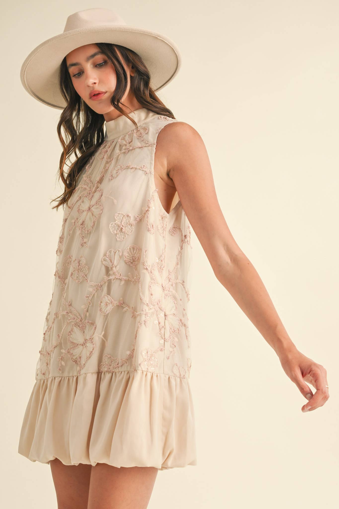 BUBBLE HEM EMBELLISHED MIXED MEDIA MINI DRESS CREAMY PINK/GREY BLUE