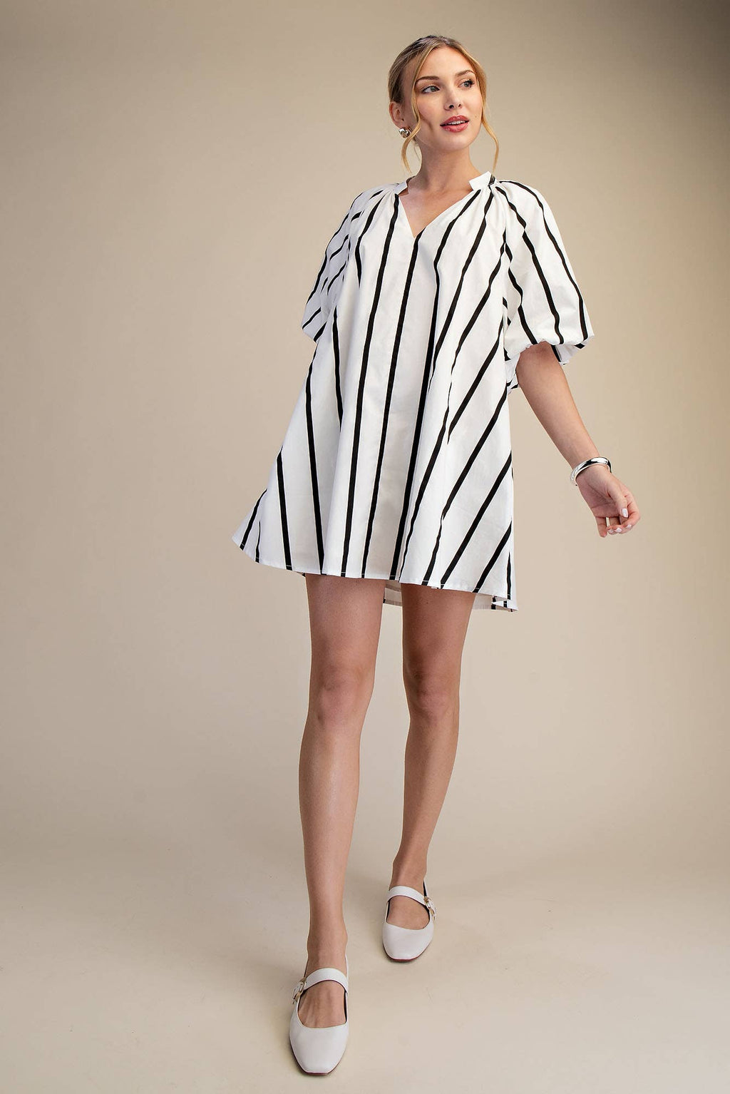 Puff-Sleeve Mini Shift Dress