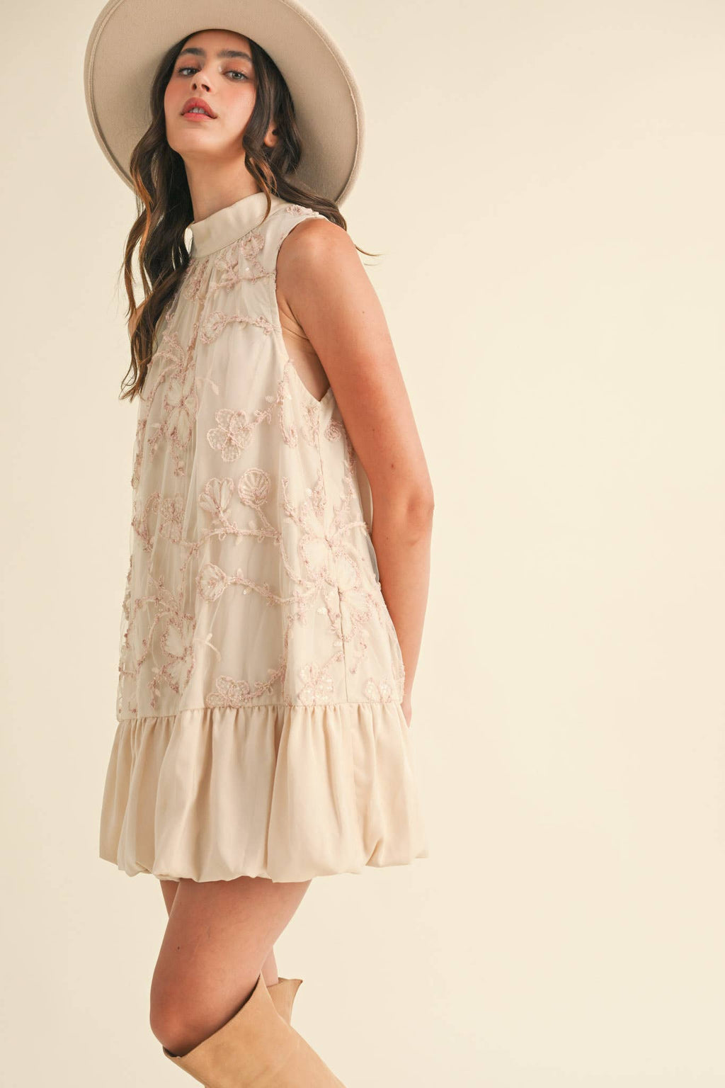 BUBBLE HEM EMBELLISHED MIXED MEDIA MINI DRESS CREAMY PINK/GREY BLUE