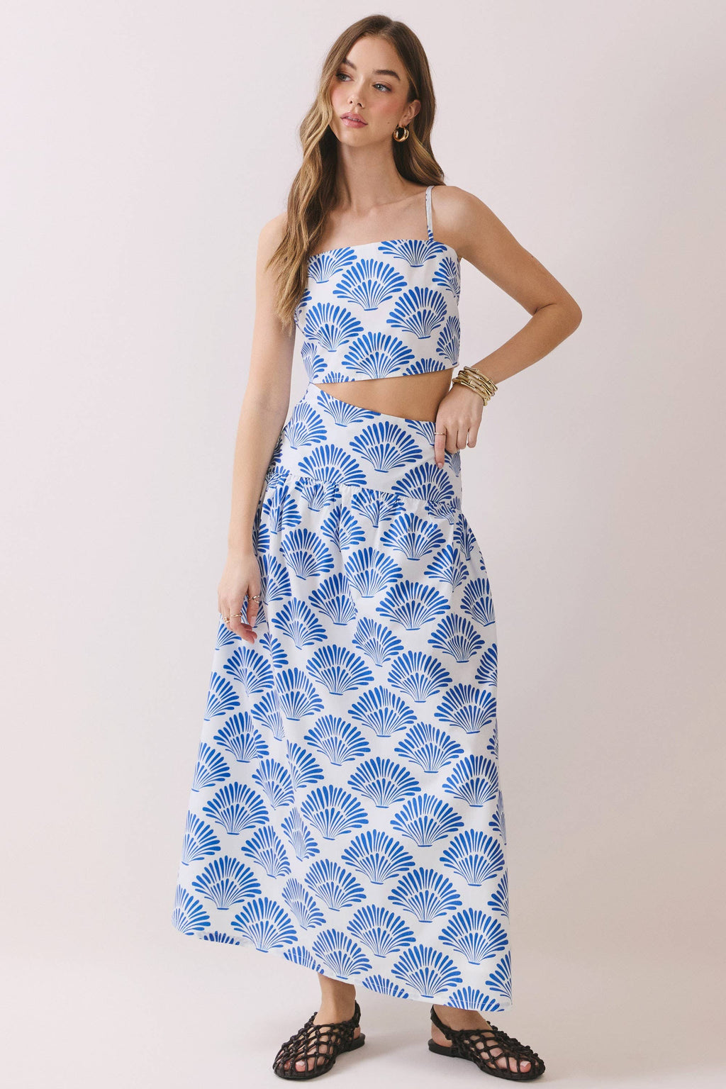 Shell Print Back Smocked Cropped Cami Top and midi skirt set