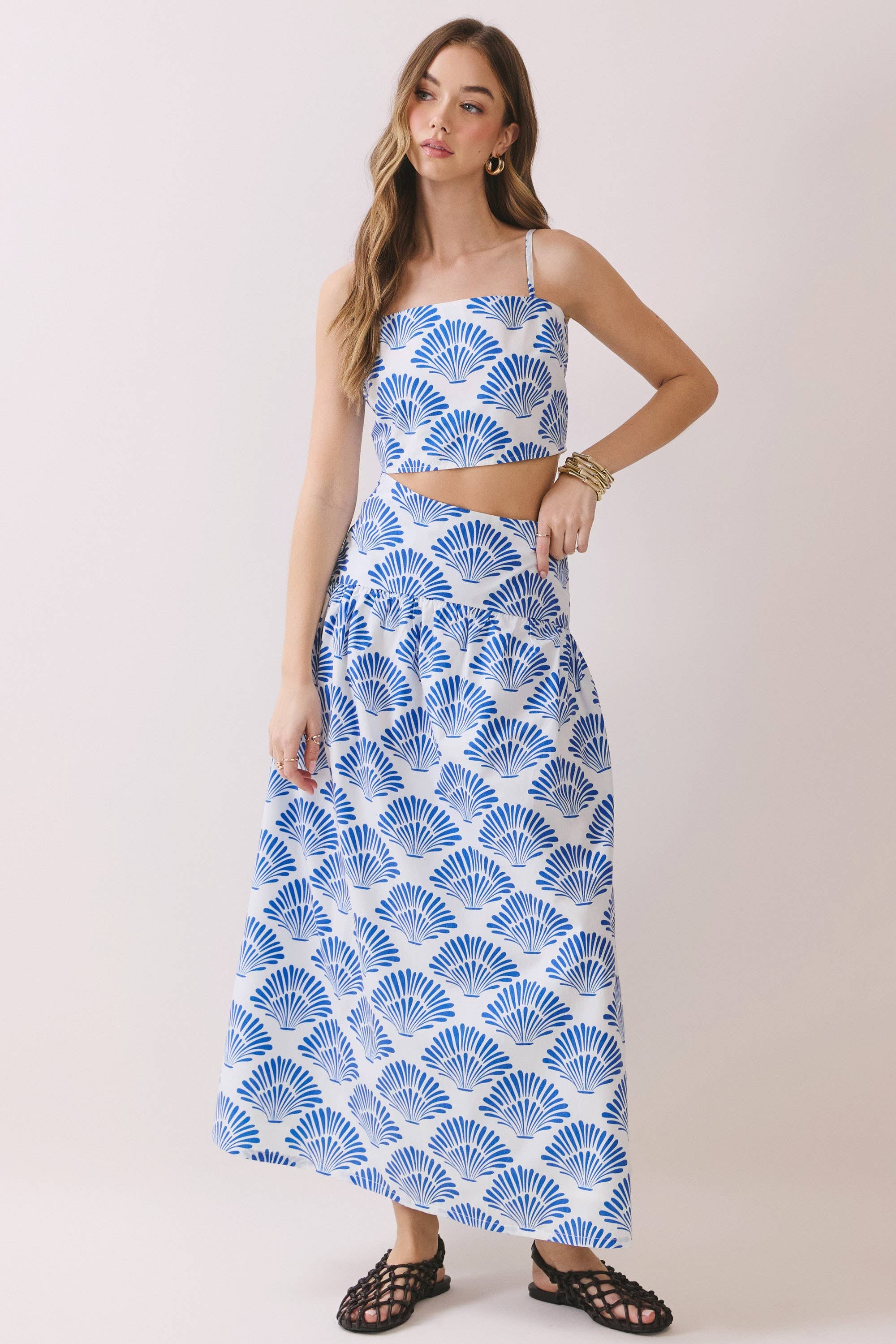 Shell Print Back Smocked Cropped Cami Top and midi skirt set
