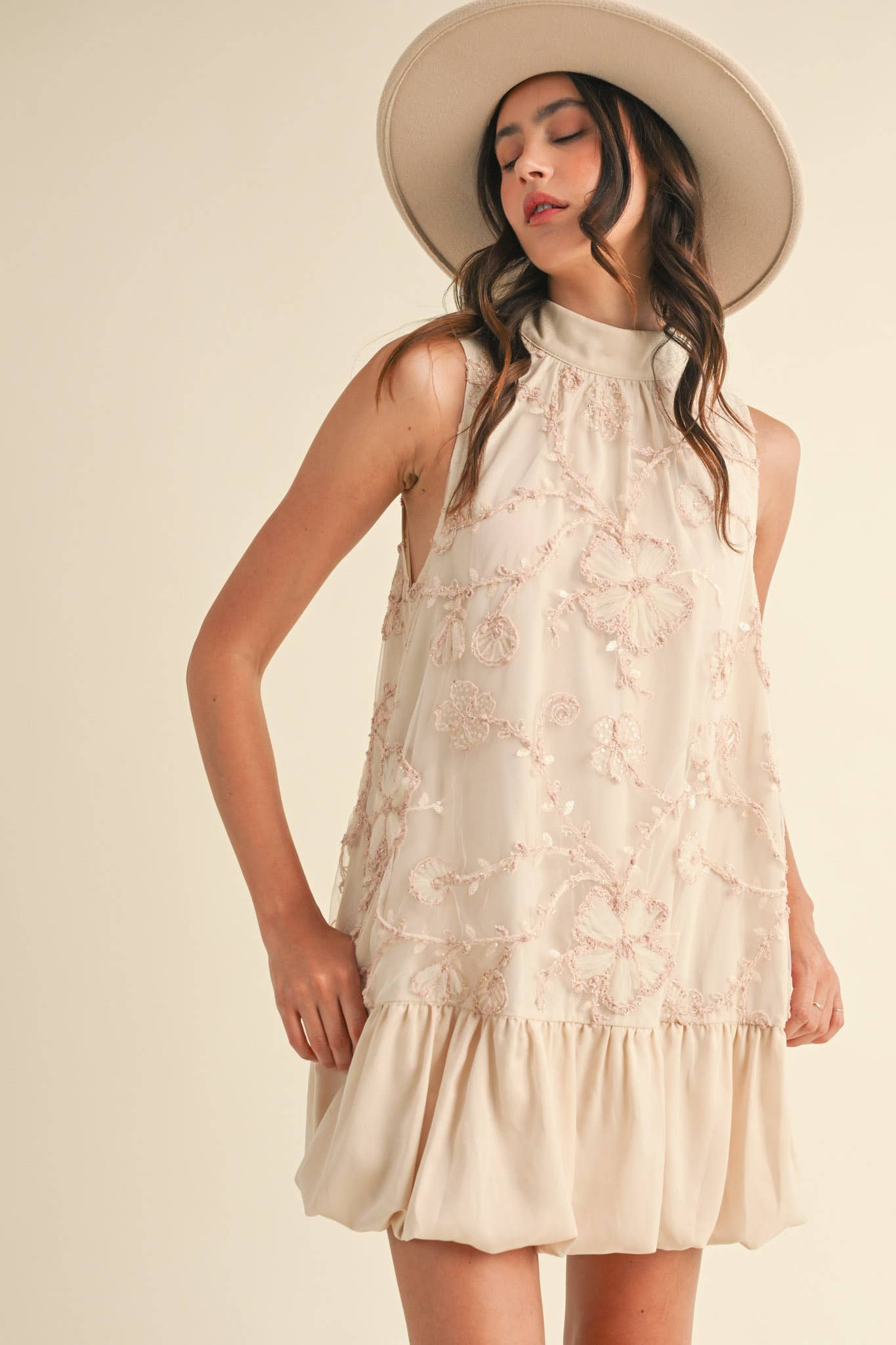BUBBLE HEM EMBELLISHED MIXED MEDIA MINI DRESS CREAMY PINK/GREY BLUE