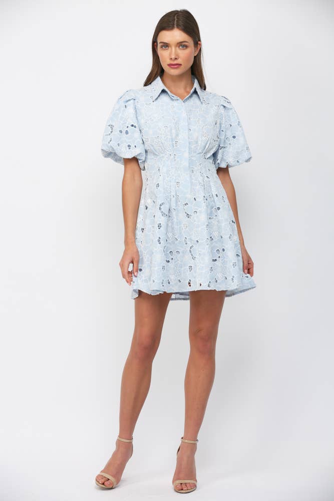 CUT-OUT FLORAL LACE SHORT PUFF SLV BUTTON DOWN DRESS