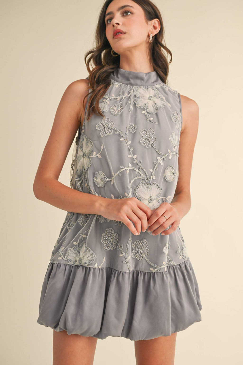 BUBBLE HEM EMBELLISHED MIXED MEDIA MINI DRESS CREAMY PINK/GREY BLUE