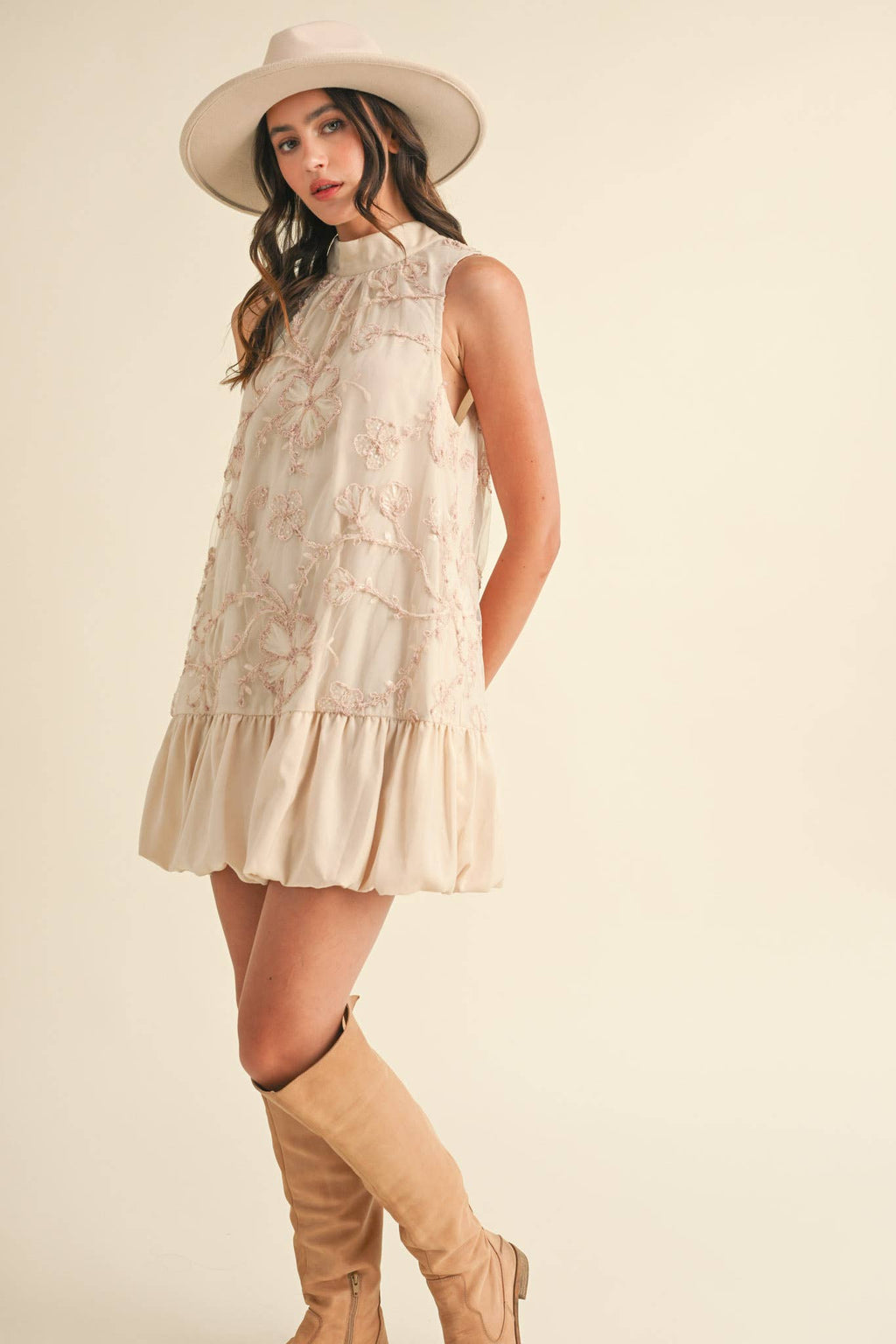 BUBBLE HEM EMBELLISHED MIXED MEDIA MINI DRESS CREAMY PINK/GREY BLUE