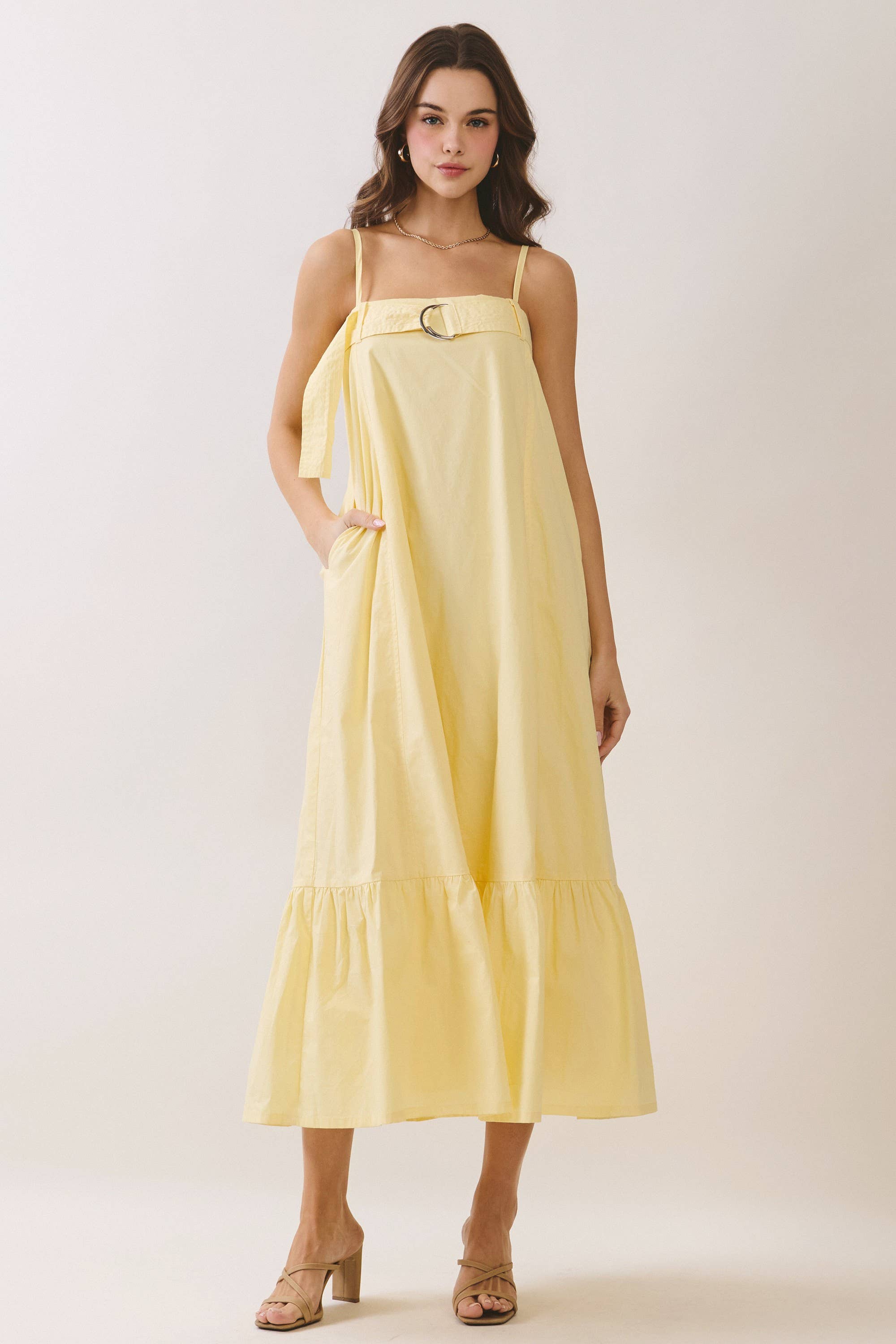 Solid Buckle Strap Detail Midi Dress