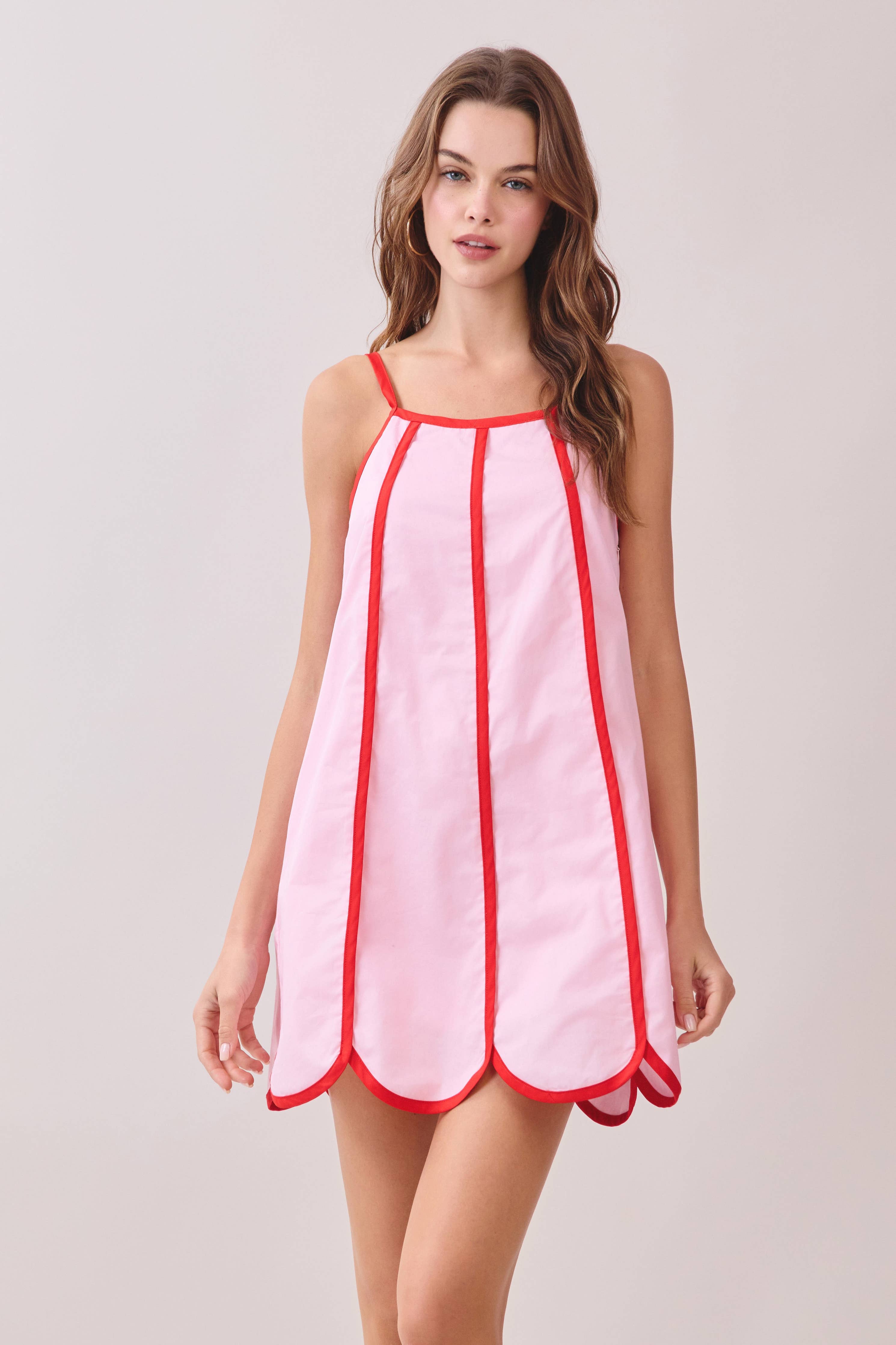 Contrast Trims Detail Scalloped Hem Mini Dress PINK/GREEN