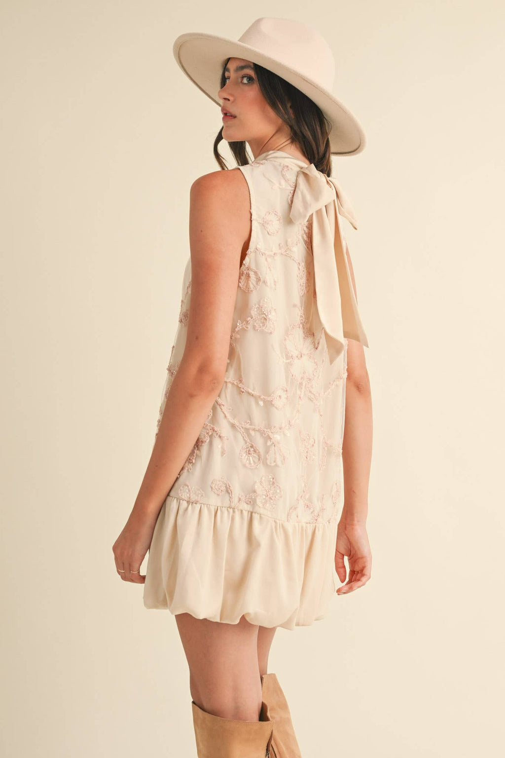 BUBBLE HEM EMBELLISHED MIXED MEDIA MINI DRESS CREAMY PINK/GREY BLUE
