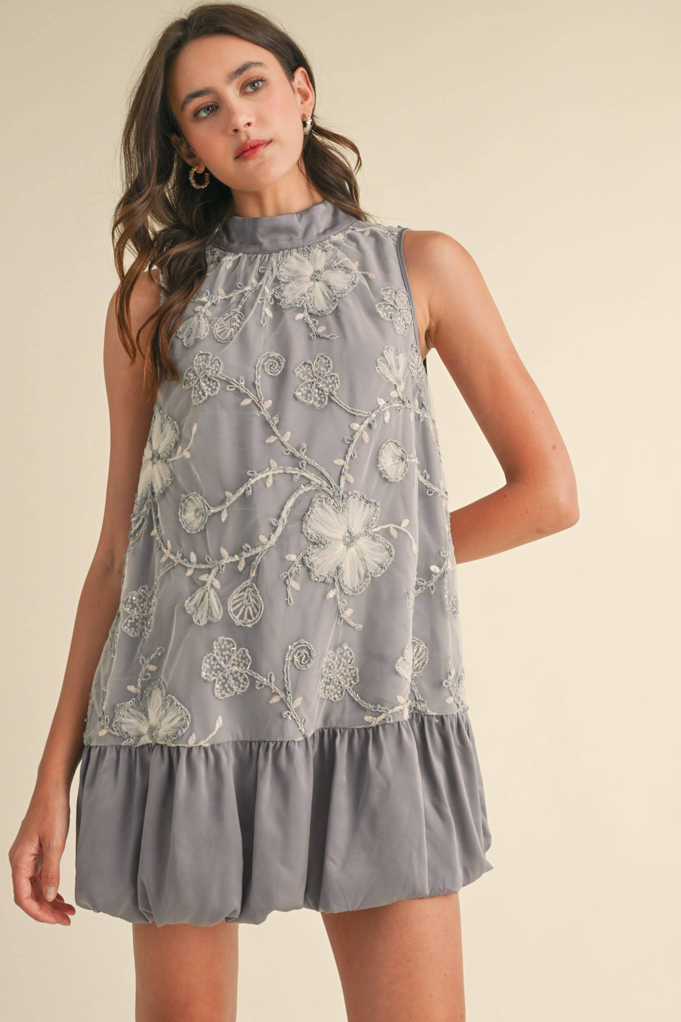 BUBBLE HEM EMBELLISHED MIXED MEDIA MINI DRESS CREAMY PINK/GREY BLUE