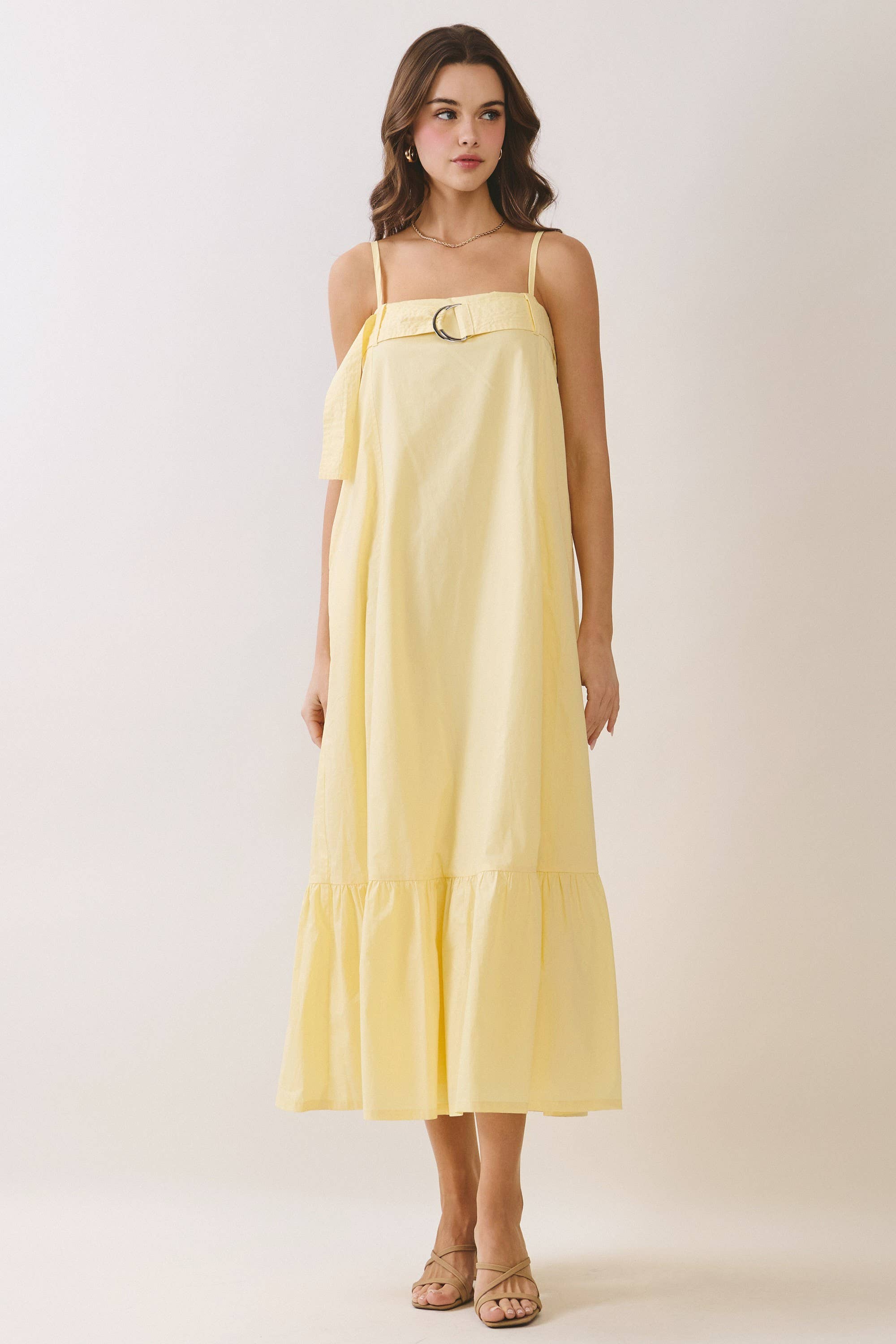Solid Buckle Strap Detail Midi Dress