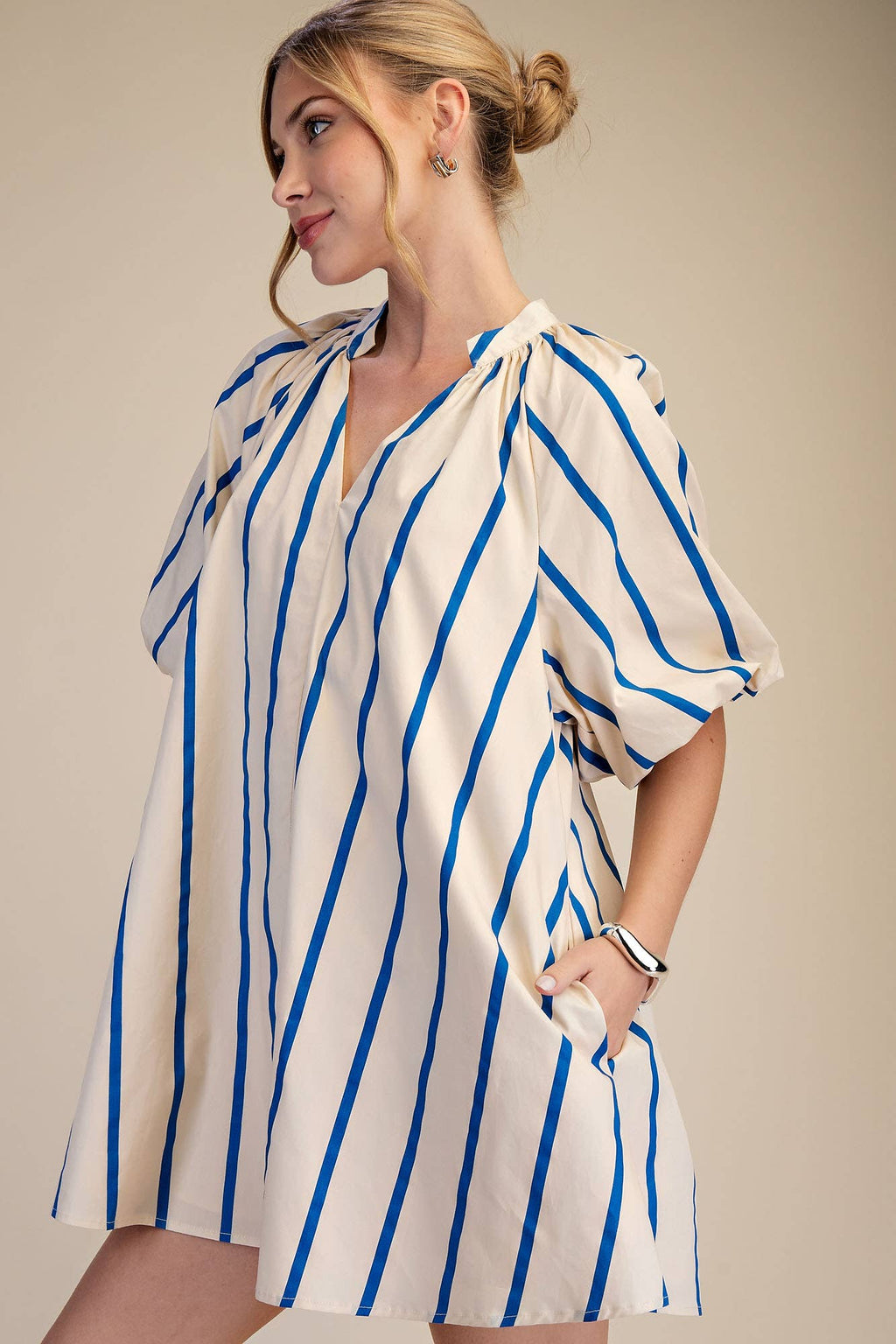 Puff-Sleeve Mini Shift Dress