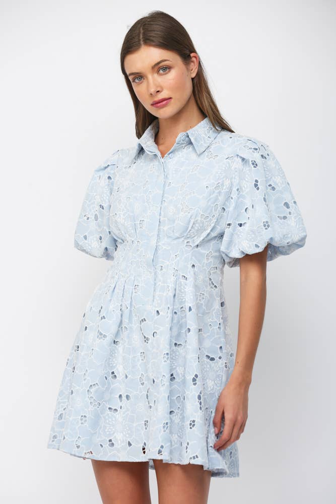 CUT-OUT FLORAL LACE SHORT PUFF SLV BUTTON DOWN DRESS