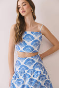 Shell Print Back Smocked Cropped Cami Top and midi skirt set
