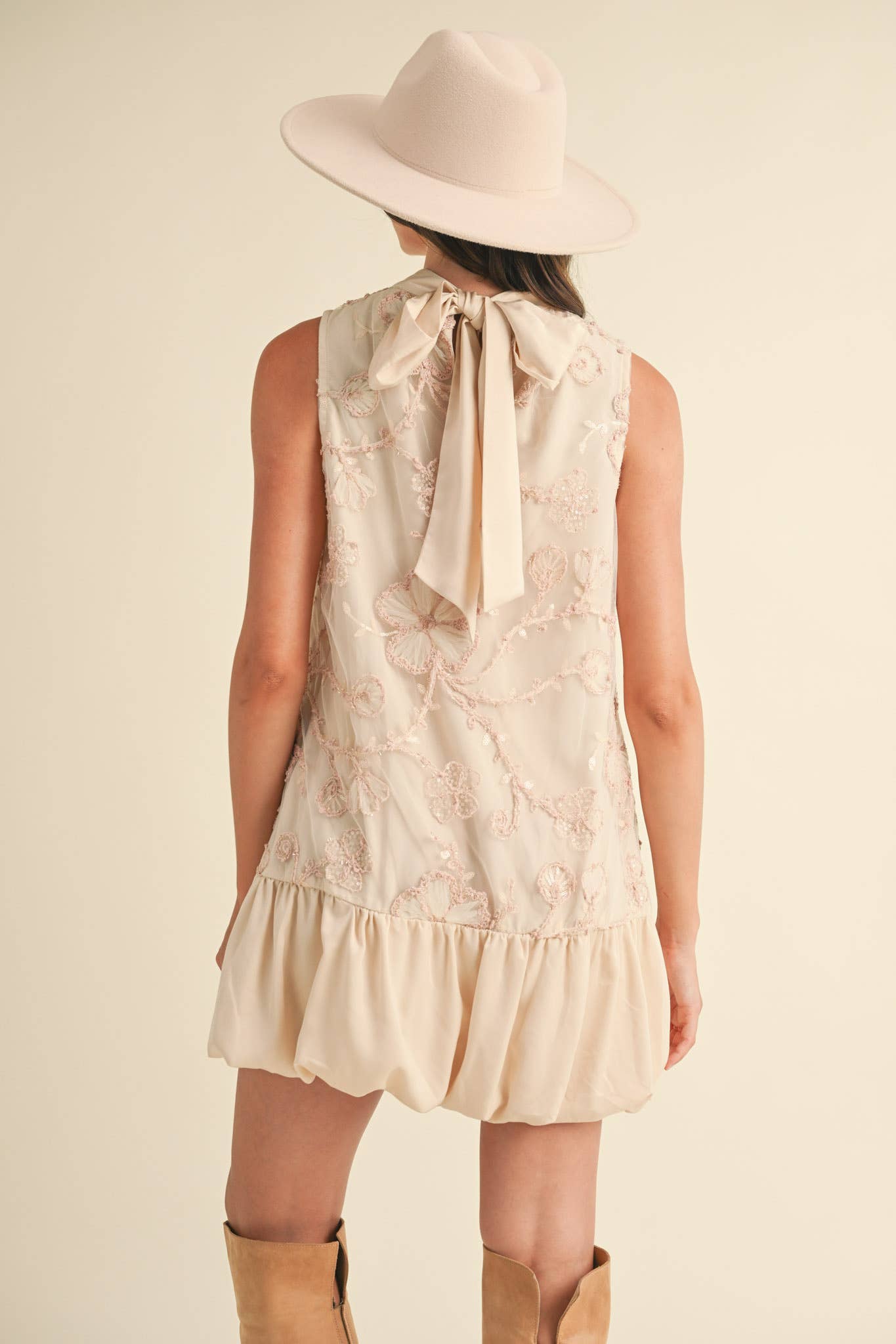 BUBBLE HEM EMBELLISHED MIXED MEDIA MINI DRESS CREAMY PINK/GREY BLUE