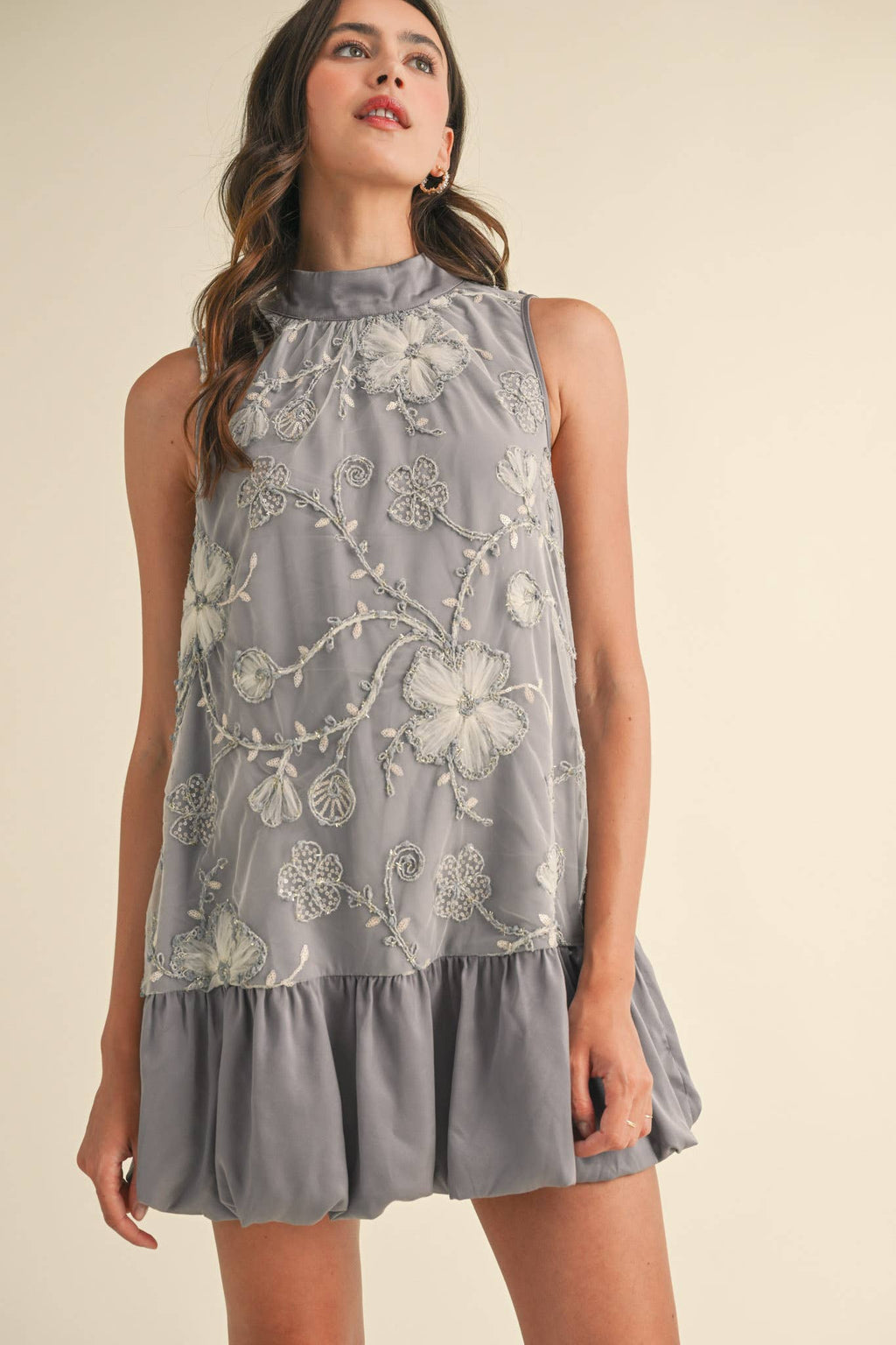 BUBBLE HEM EMBELLISHED MIXED MEDIA MINI DRESS CREAMY PINK/GREY BLUE