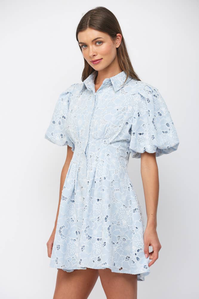CUT-OUT FLORAL LACE SHORT PUFF SLV BUTTON DOWN DRESS