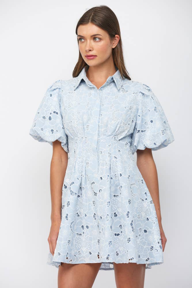 CUT-OUT FLORAL LACE SHORT PUFF SLV BUTTON DOWN DRESS