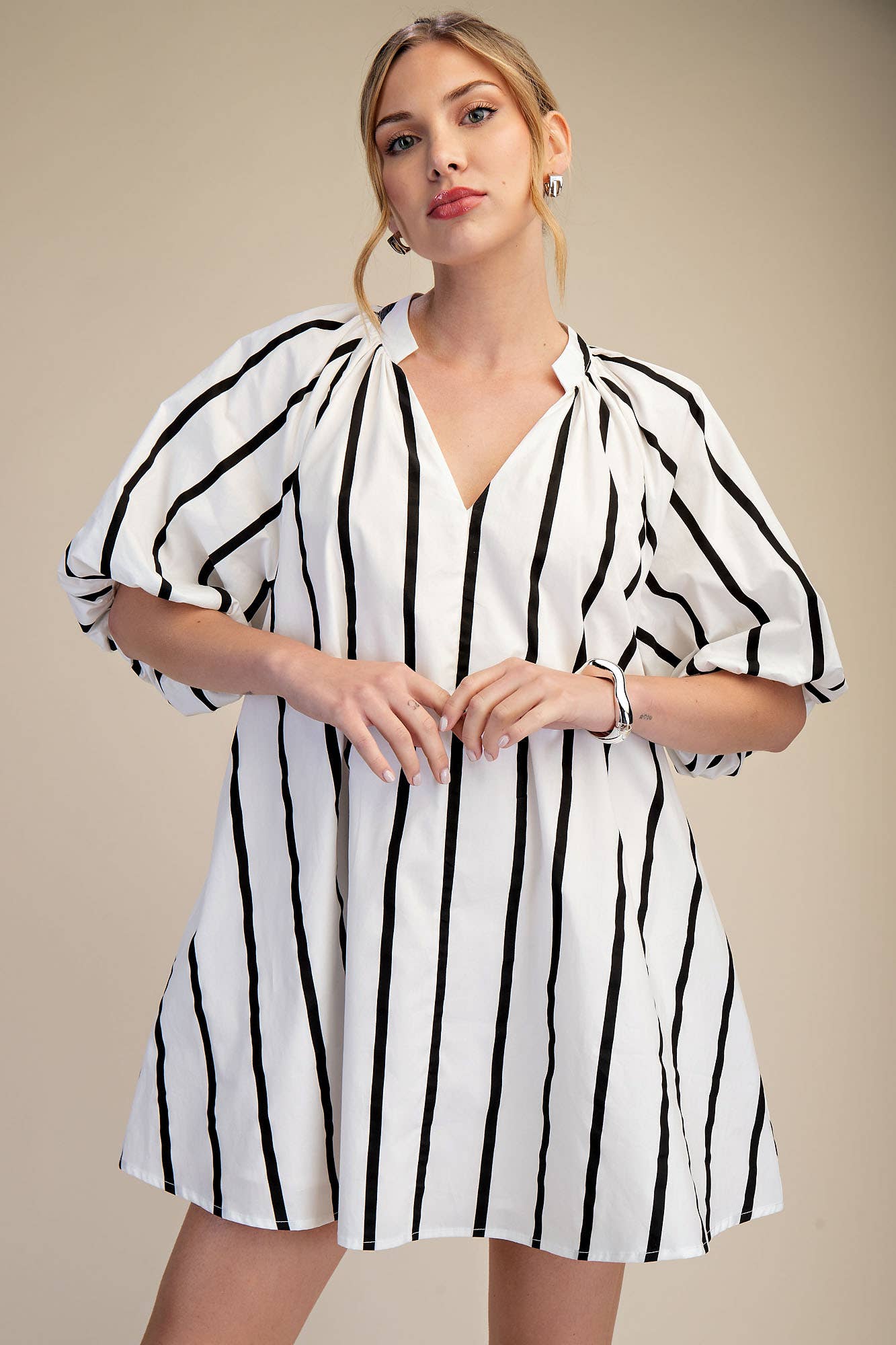 Puff-Sleeve Mini Shift Dress