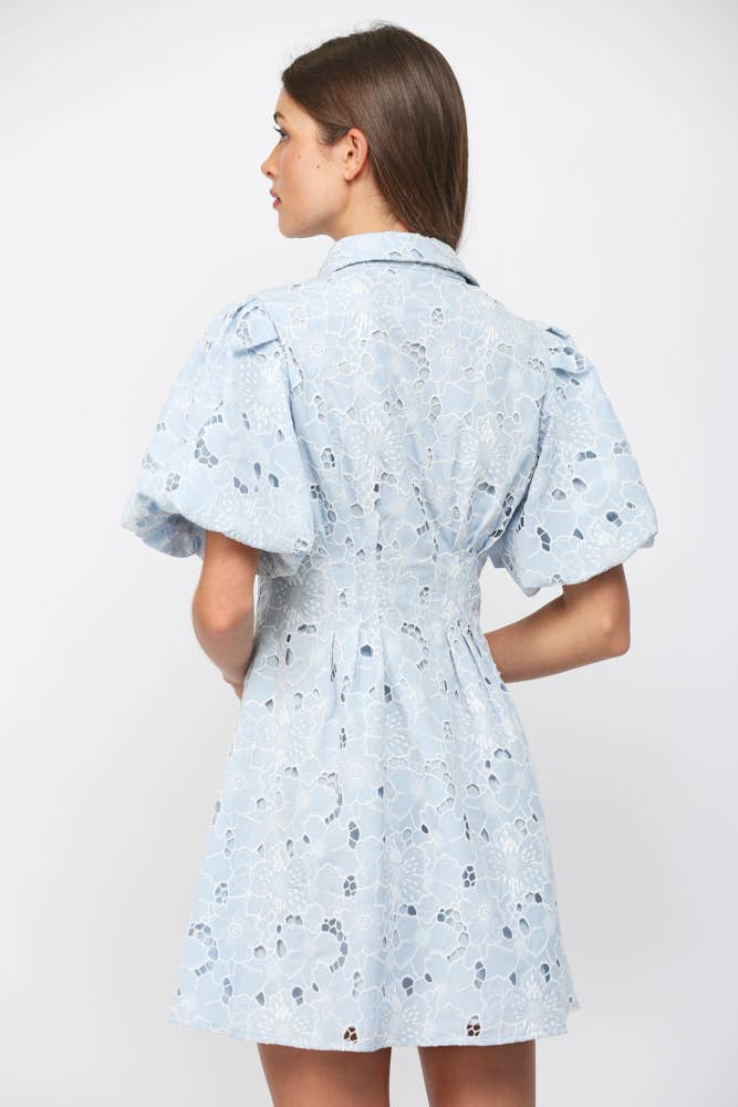 CUT-OUT FLORAL LACE SHORT PUFF SLV BUTTON DOWN DRESS
