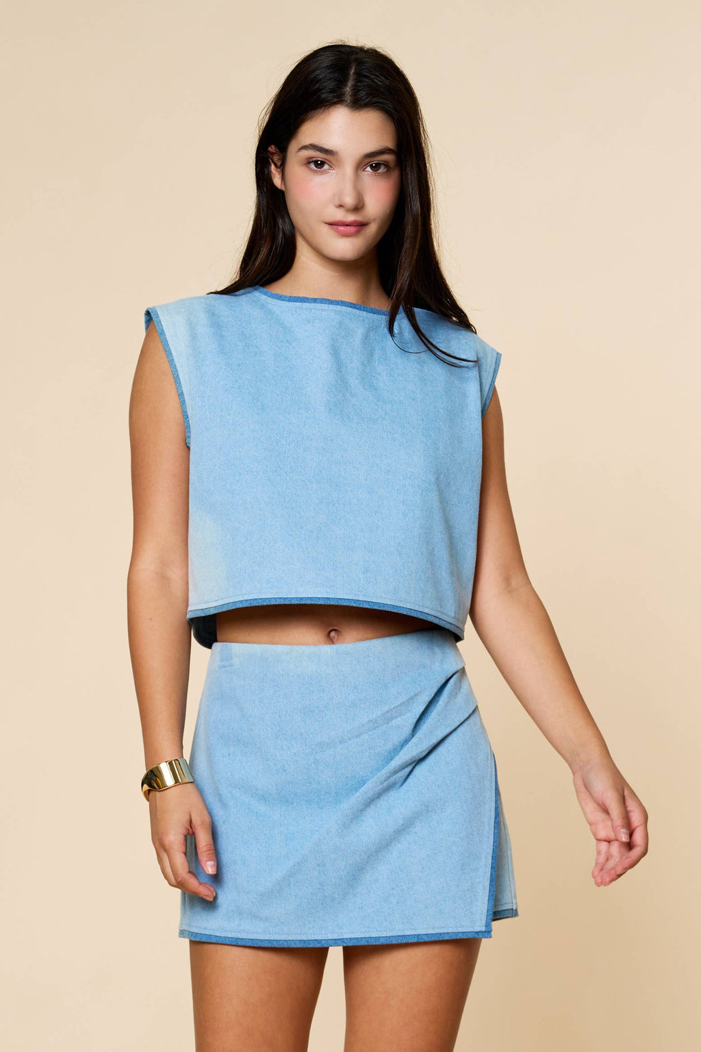 Denim Contrast Top with Denim Wrap Skirt