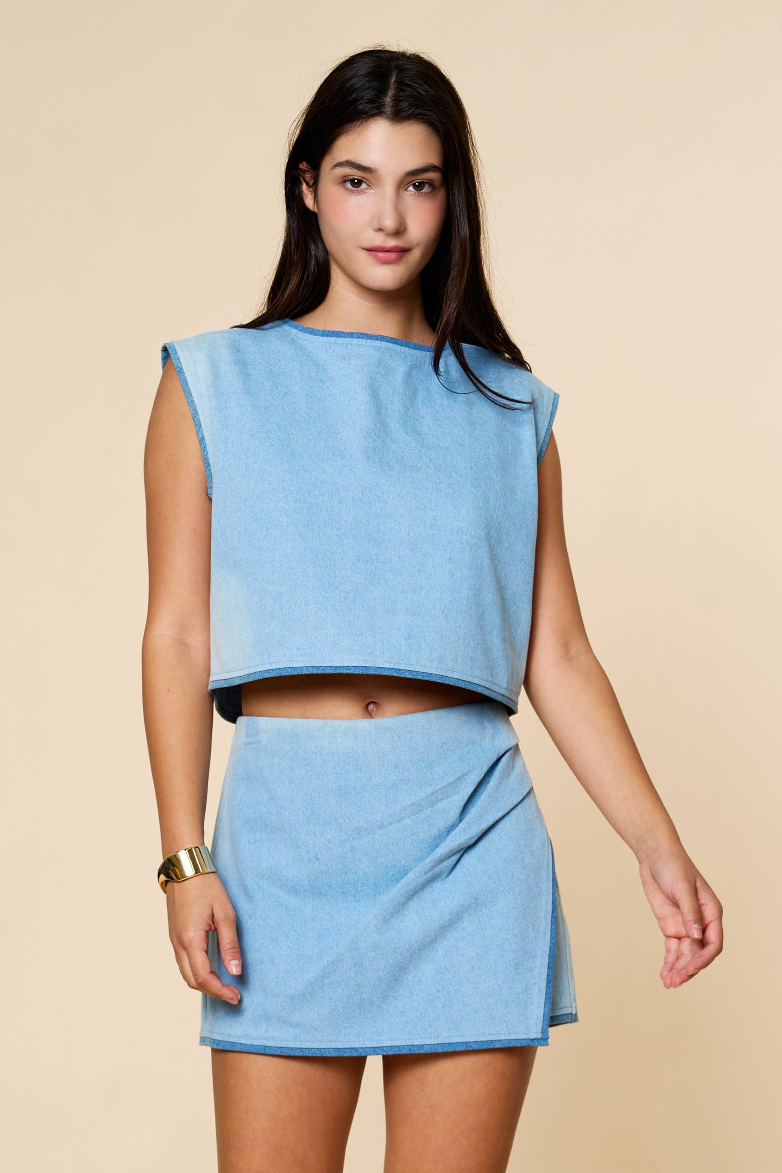 Denim Contrast Top with Denim Wrap Skirt