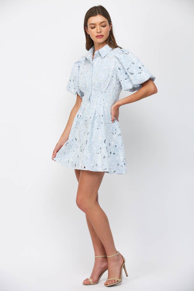 CUT-OUT FLORAL LACE SHORT PUFF SLV BUTTON DOWN DRESS