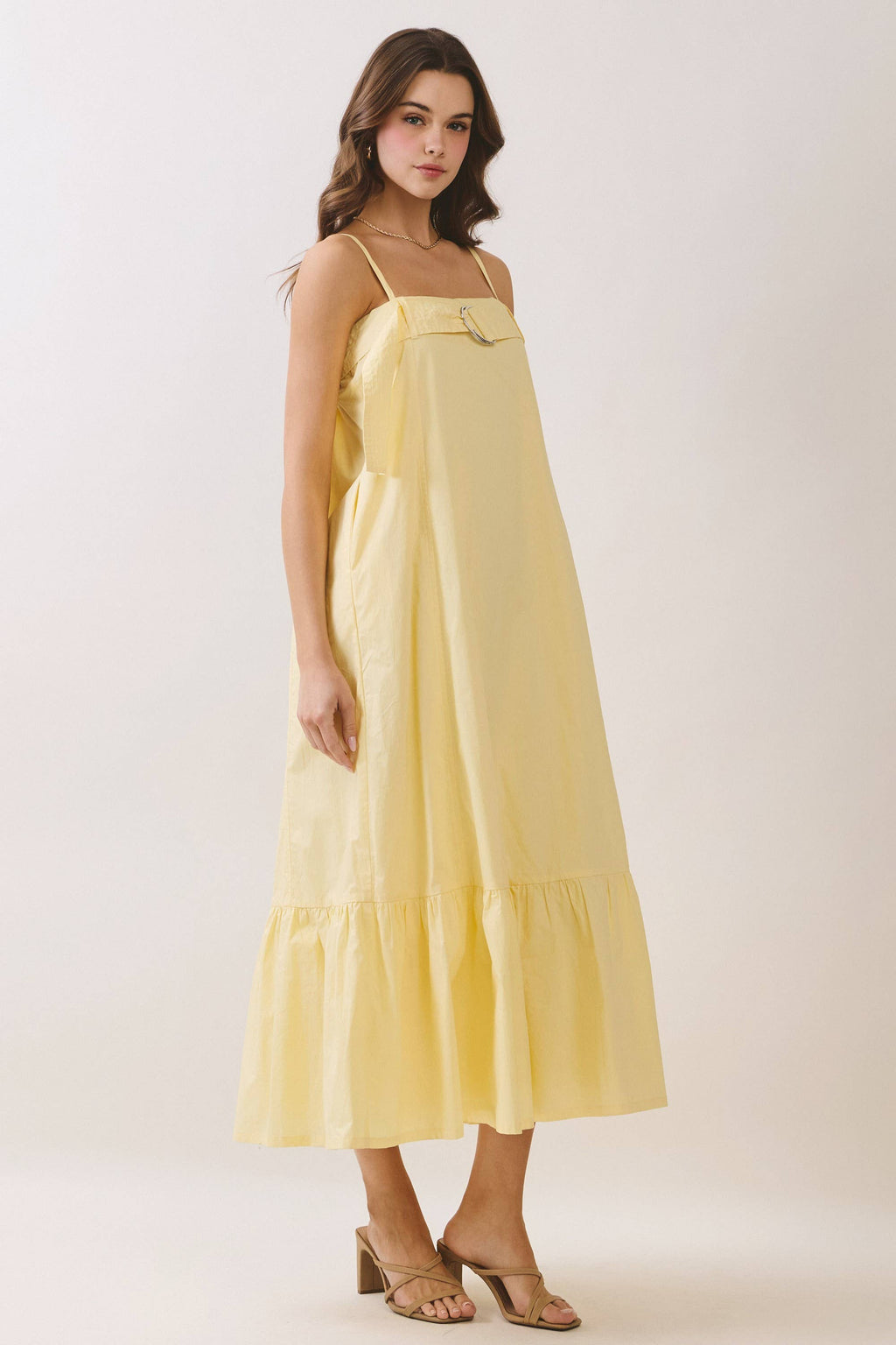 Solid Buckle Strap Detail Midi Dress