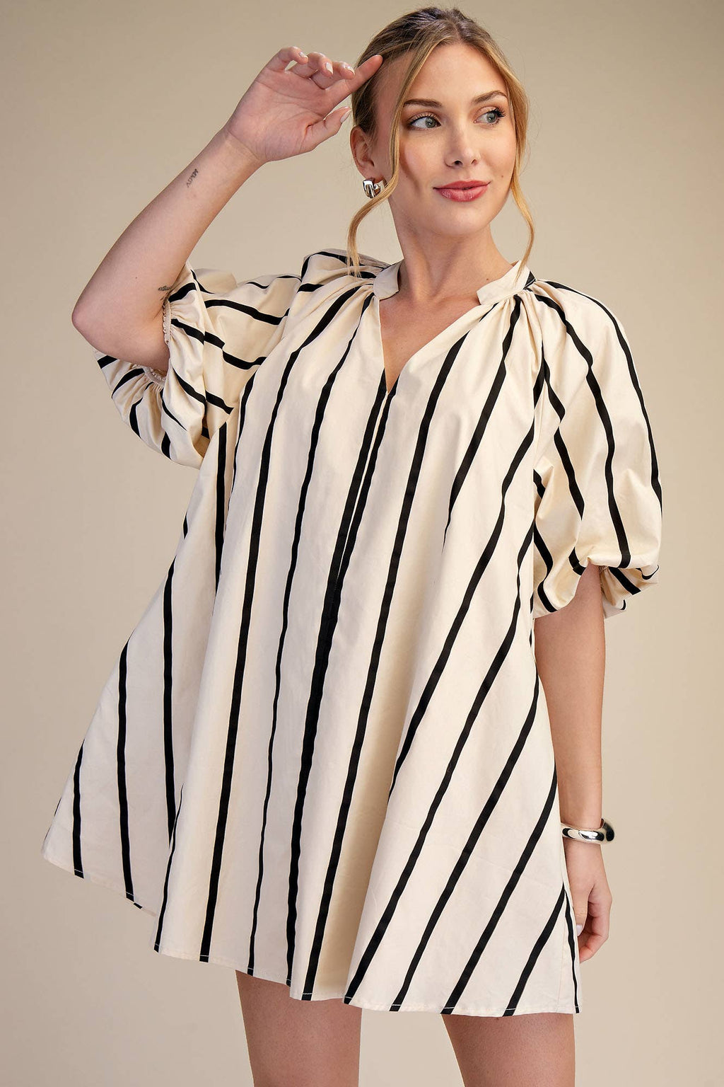 Puff-Sleeve Mini Shift Dress