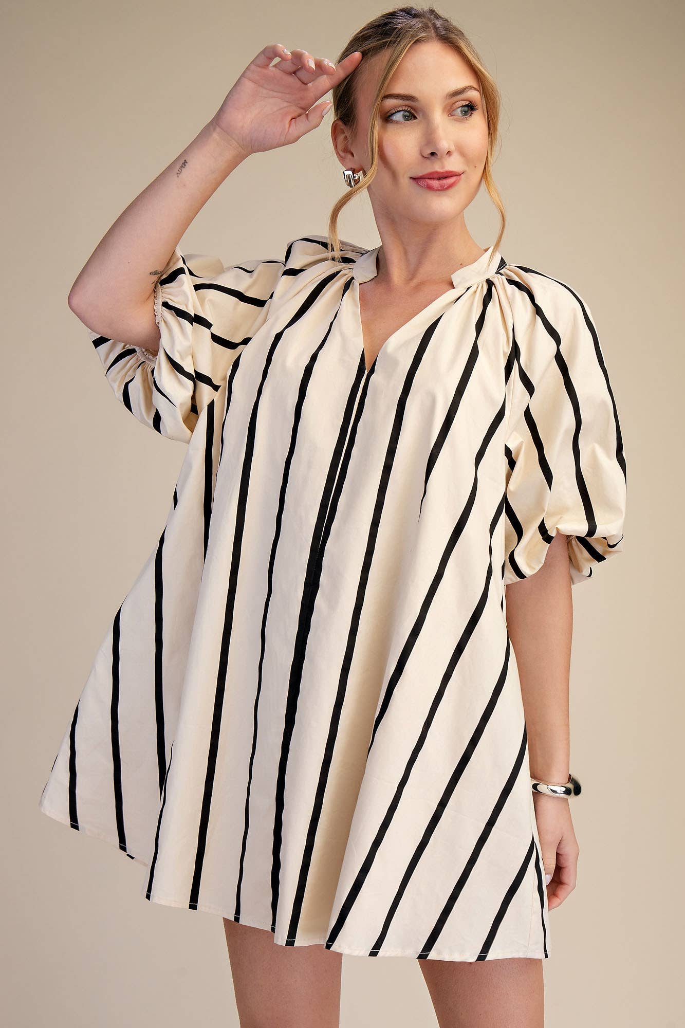 Puff-Sleeve Mini Shift Dress