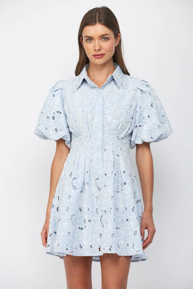 CUT-OUT FLORAL LACE SHORT PUFF SLV BUTTON DOWN DRESS