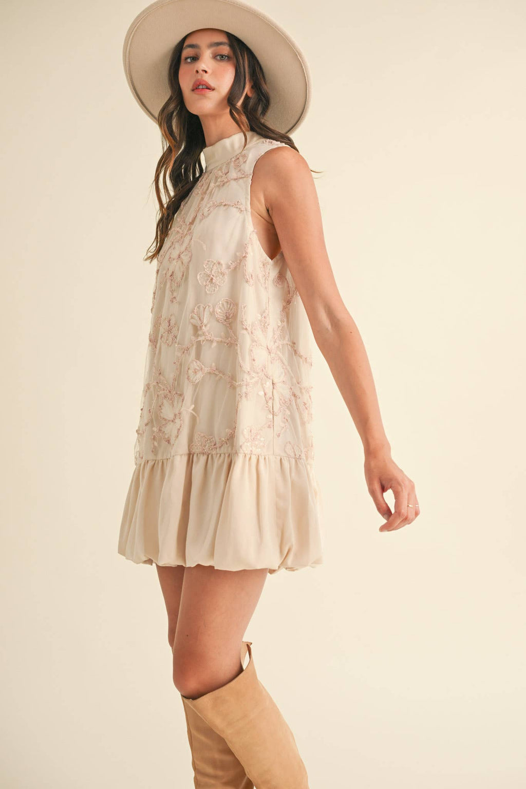 BUBBLE HEM EMBELLISHED MIXED MEDIA MINI DRESS CREAMY PINK/GREY BLUE