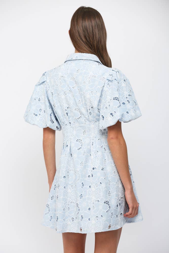 CUT-OUT FLORAL LACE SHORT PUFF SLV BUTTON DOWN DRESS